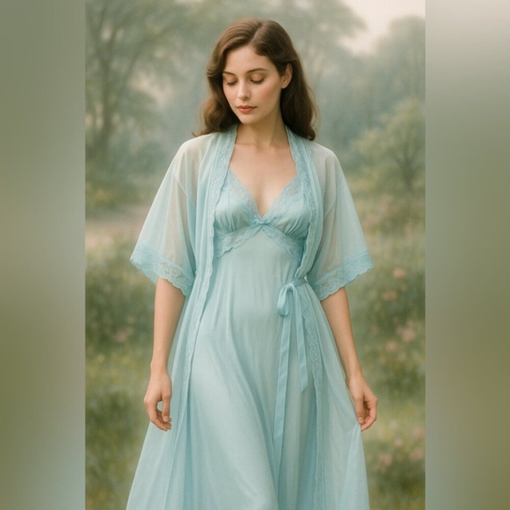 JCPenney Vintage Blue Nylon Nightgown & Robe Set M 12-14 Lace Sheer Peignoir 2pc